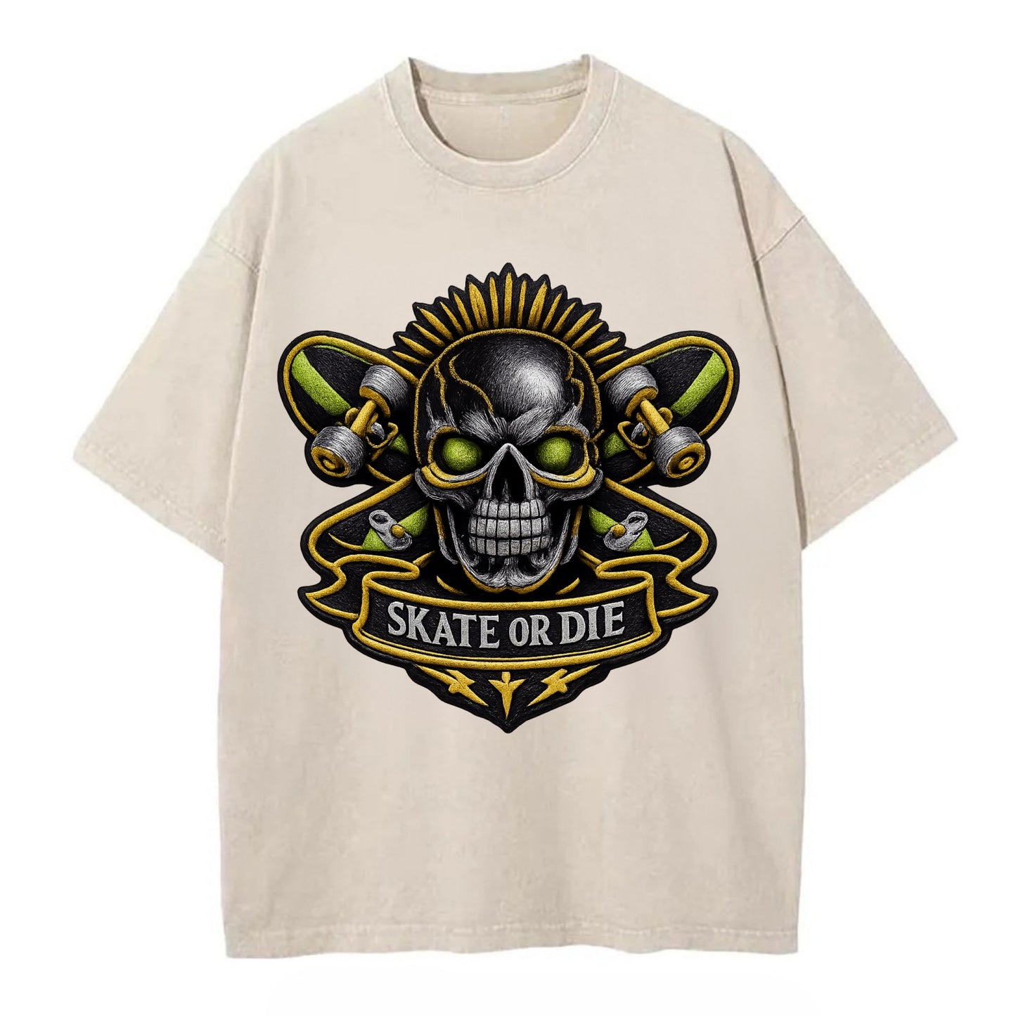 Embroidered patch design - SKATEBOARD SKULL - skull with skateboard in black and - Vintage T-shirt - Off White