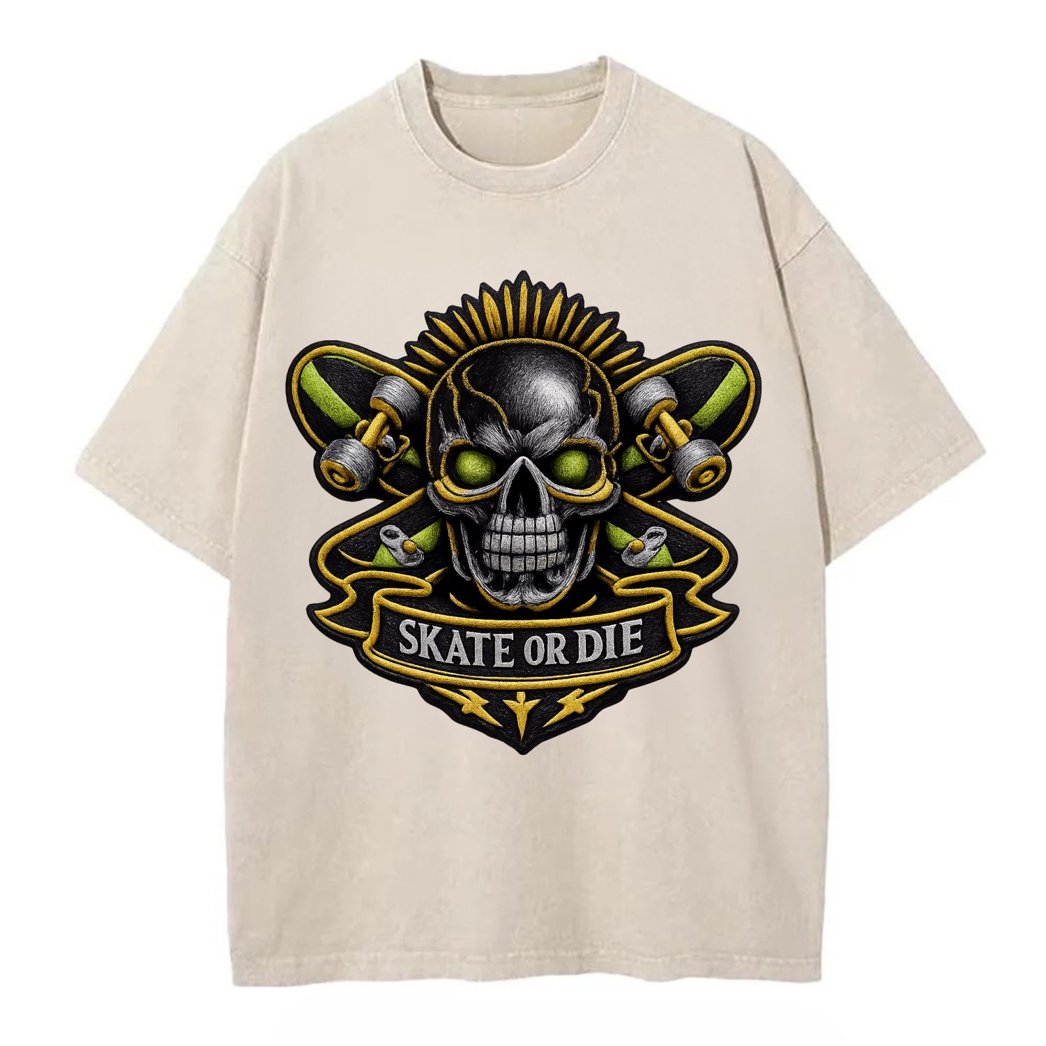 Embroidered patch design - SKATEBOARD SKULL - skull with skateboard in black and - Vintage T-shirt - Off White