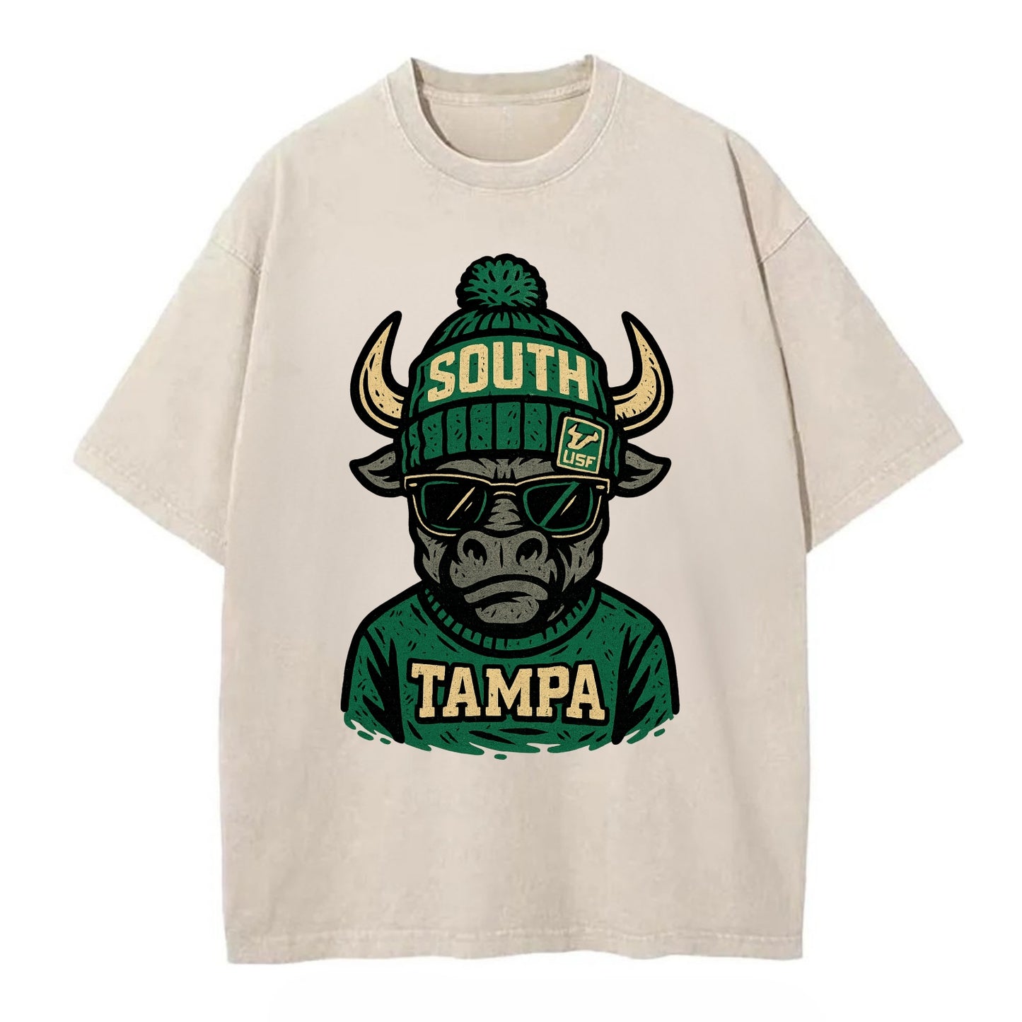 Tampa Bull wearing South Florida beanie with USF patch - Vintage T-shirt - Off White