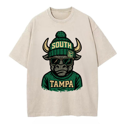 Tampa Bull wearing South Florida beanie with USF patch - Vintage T-shirt - Off White