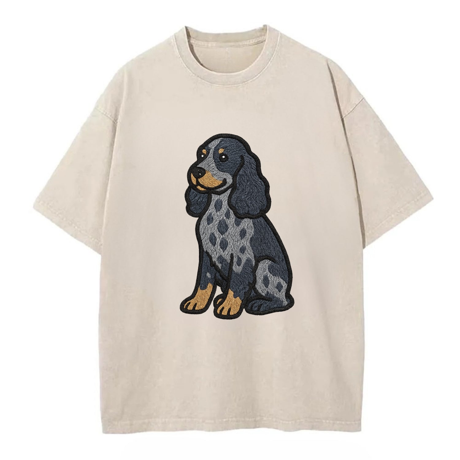 English Cocker Spaniel - Blue roan embroidered sitting pose - Vintage T-shirt - Off White