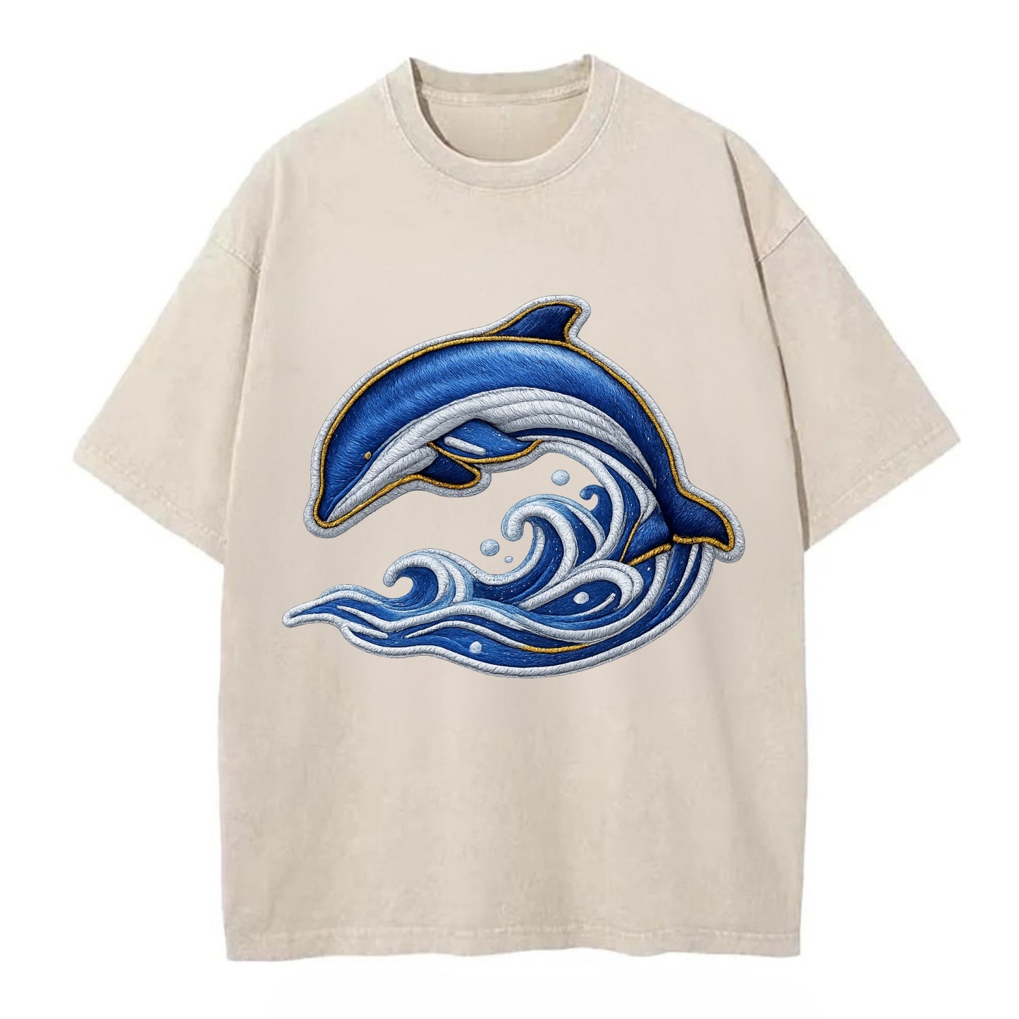 Embroidered patch design - SWIMMING DOLPHIN - diving dolphin with waves in blue - Vintage T-shirt - Off White