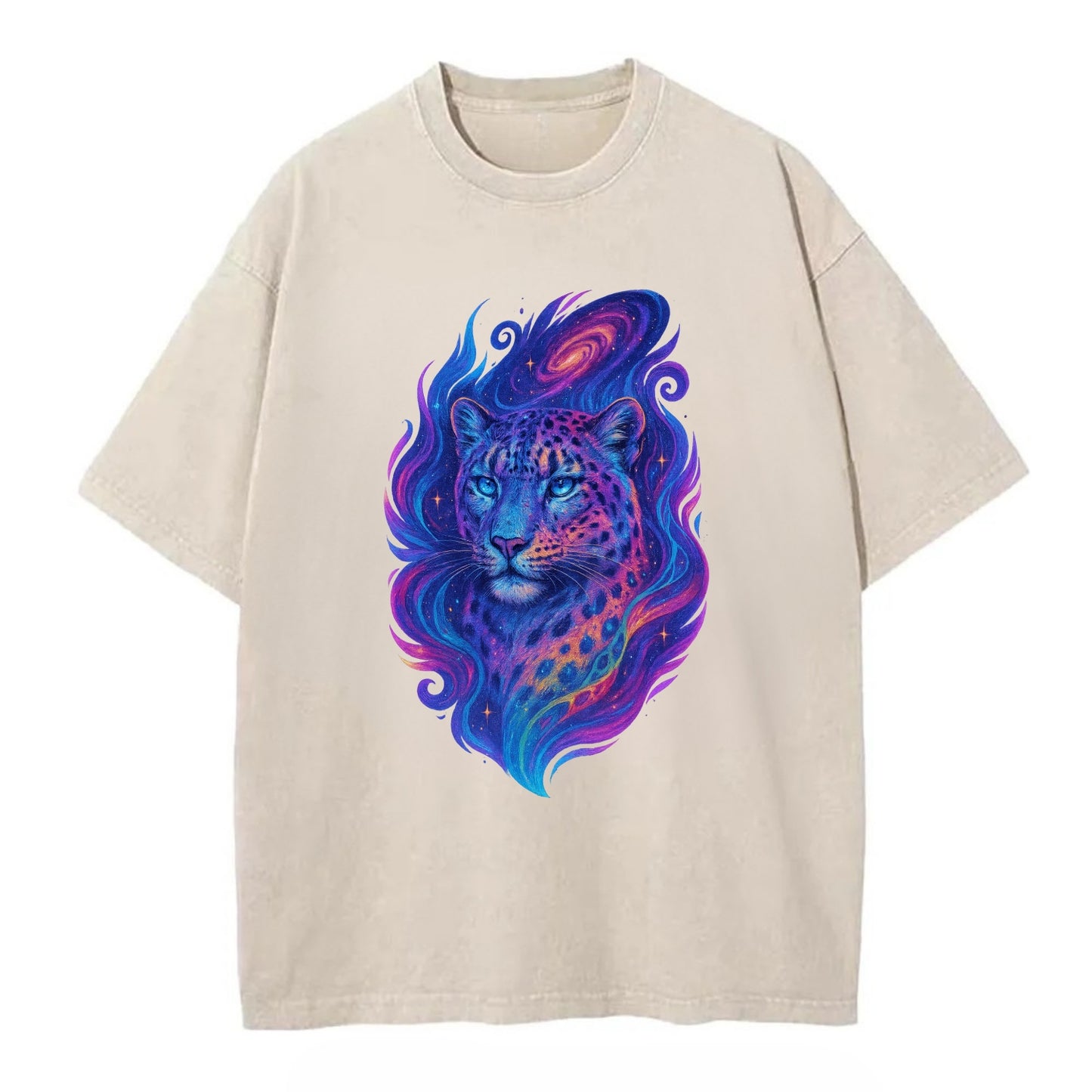 Majestic snow leopard with rainbow gradient spots, crystalline flowing patterns, - Vintage T-shirt - Off White