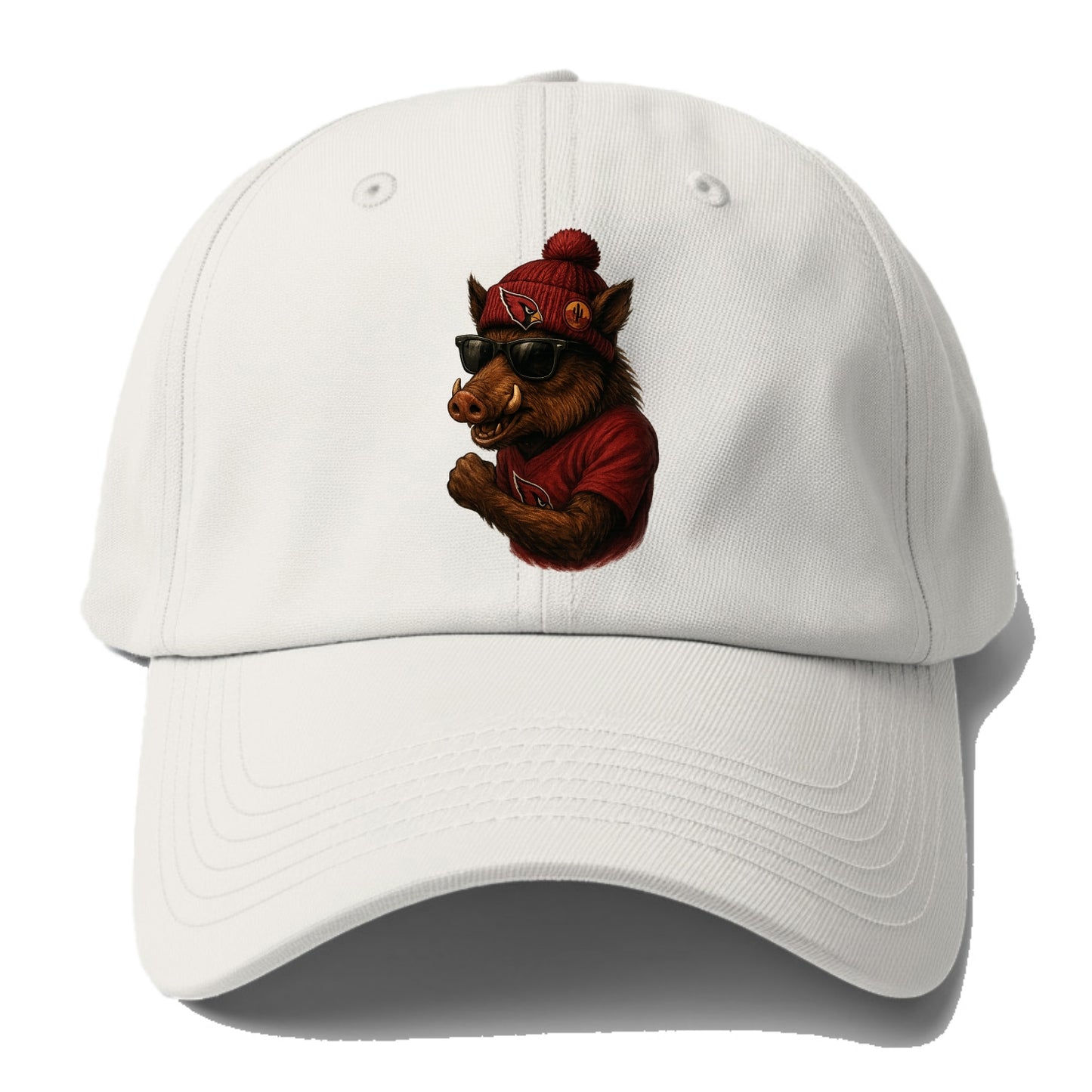 Arizona Javelina wearing Cardinals beanie with desert patch and wayfarer sunglasses - Baseball Cap - Off White