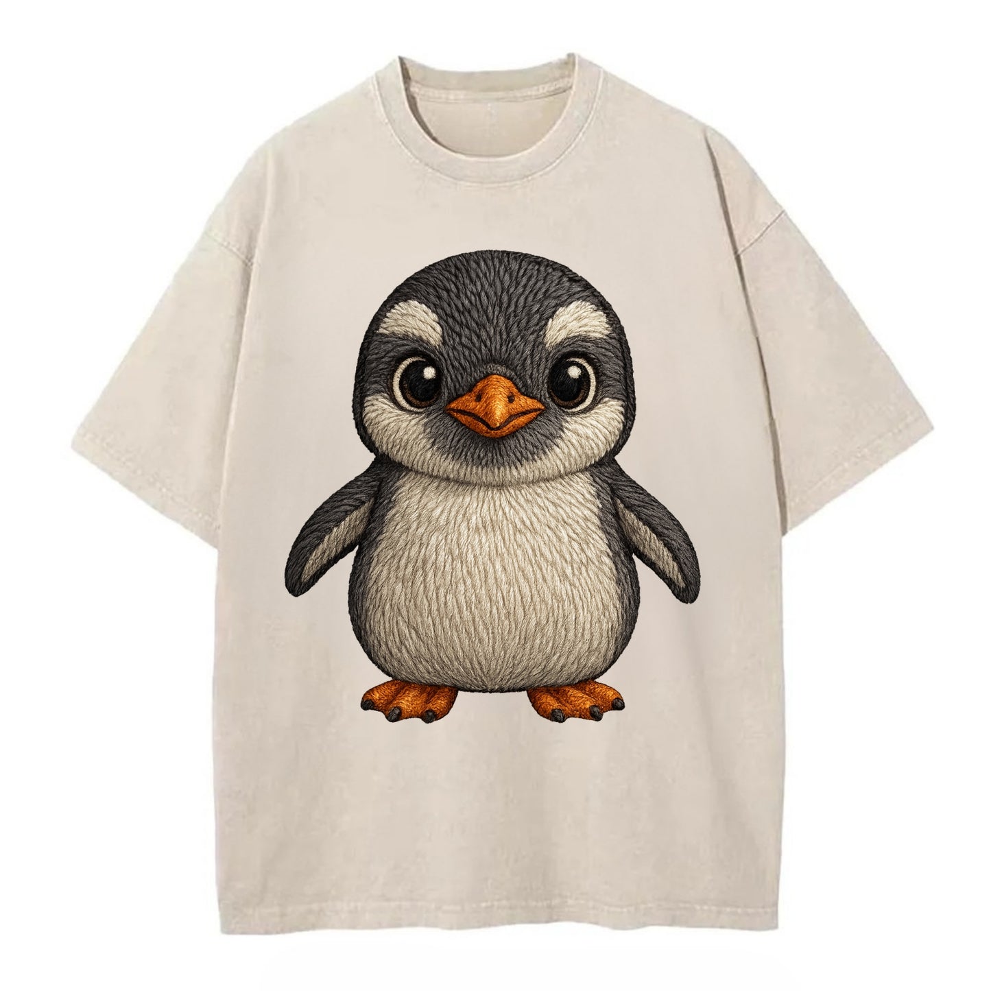 Baby Gentoo Penguin - orange beak, white cap, bright eyes, front-facing, energetic - Vintage T-shirt - Off White