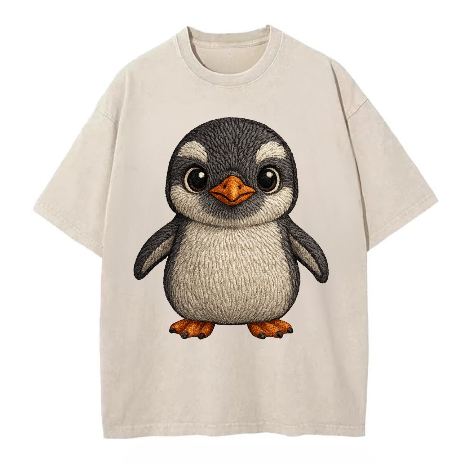Baby Gentoo Penguin - orange beak, white cap, bright eyes, front-facing, energetic - Vintage T-shirt - Off White