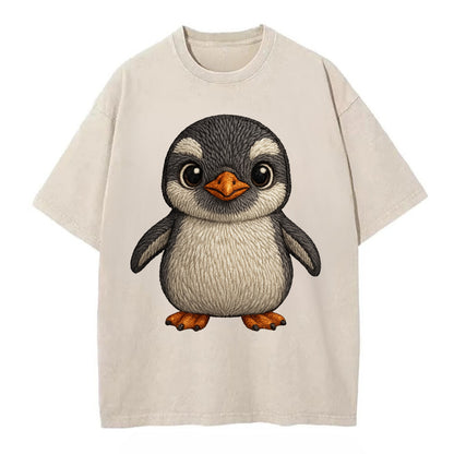 Baby Gentoo Penguin - orange beak, white cap, bright eyes, front-facing, energetic - Vintage T-shirt - Off White