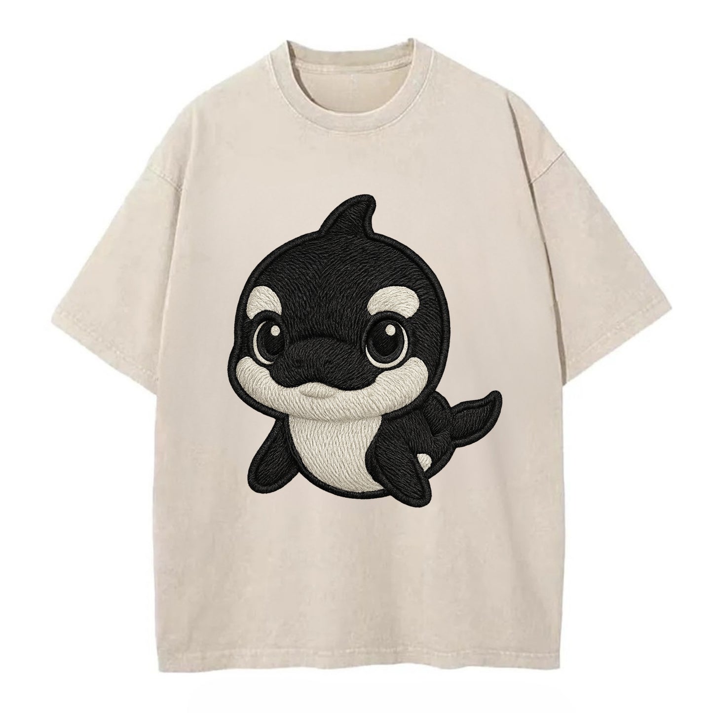 Baby Orca - black and white pattern, white eye patch, front-facing, curious and - Vintage T-shirt - Off White
