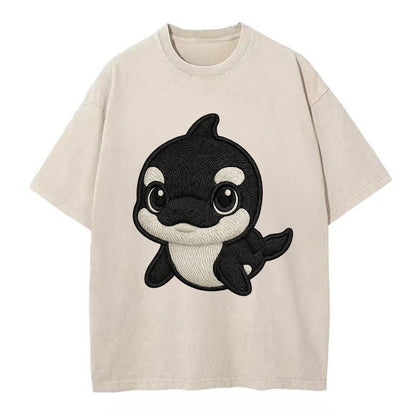 Baby Orca - black and white pattern, white eye patch, front-facing, curious and - Vintage T-shirt - Off White