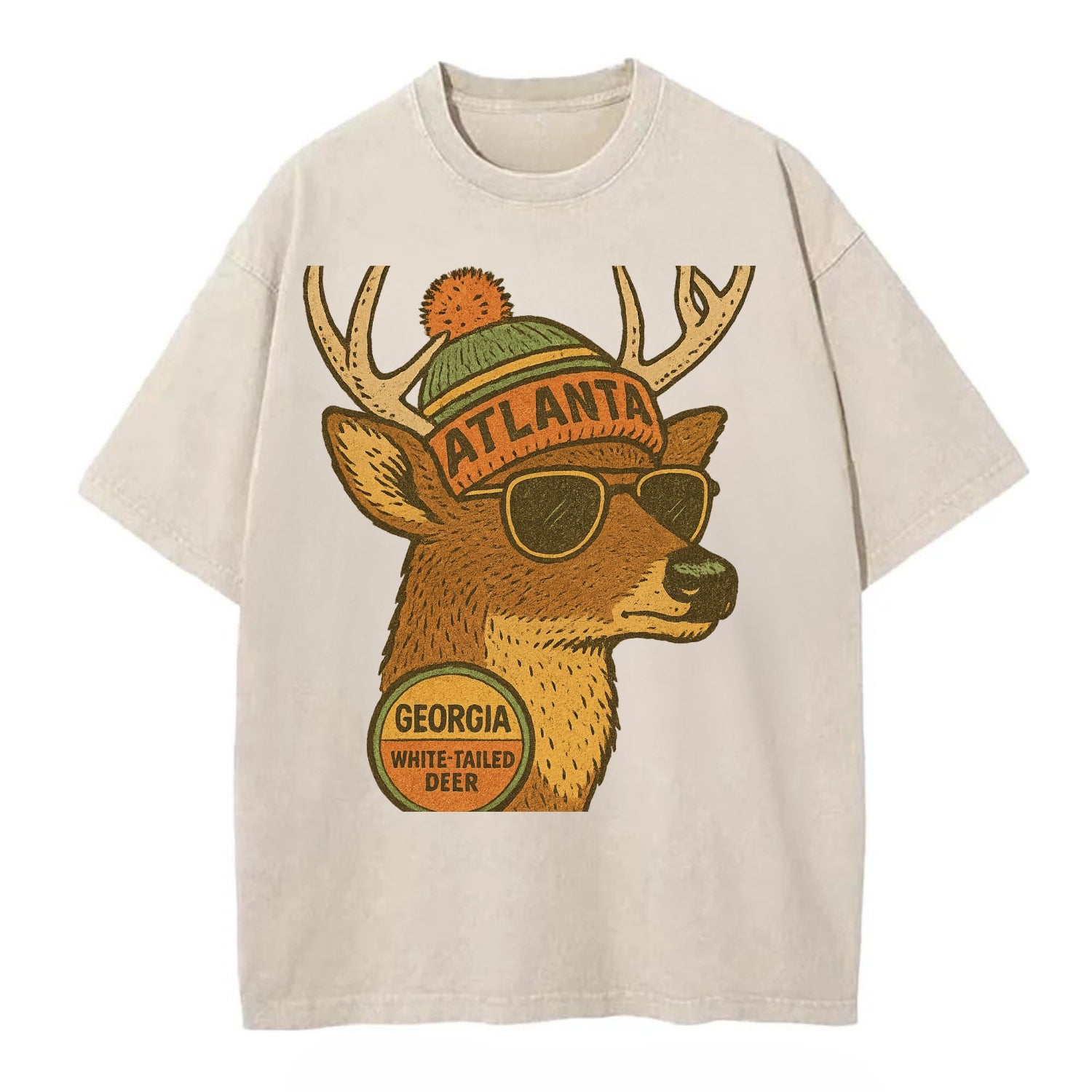 Georgia White-tailed Deer wearing Atlanta beanie with pom pom and wayfarer - Vintage T-shirt - Off White