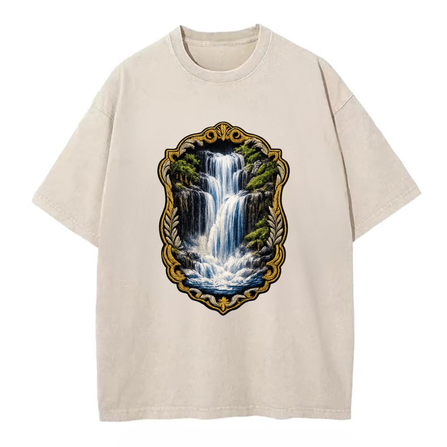 WATERFALL CASCADE - falling water with mist in blue and white , nature wonder - Vintage T-shirt - Off White