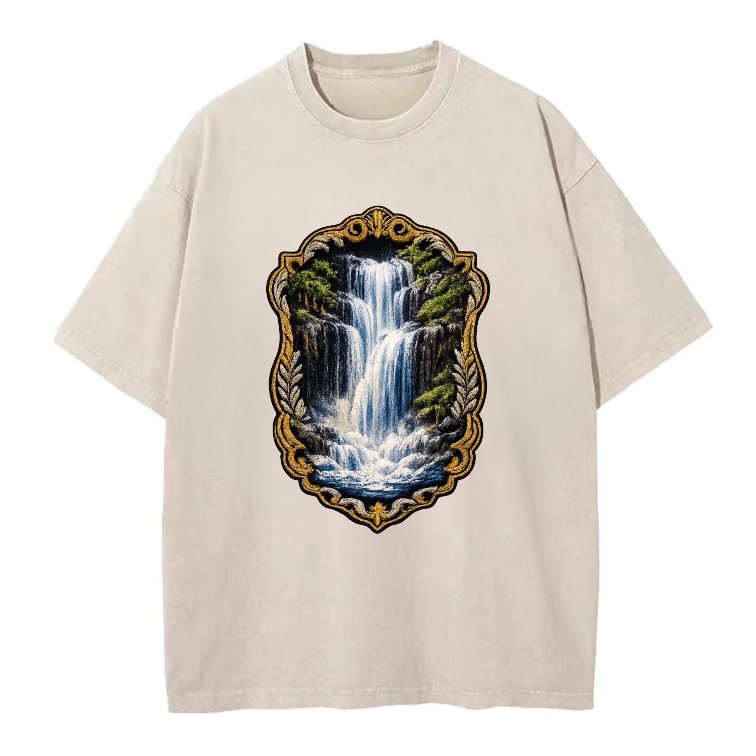 WATERFALL CASCADE - falling water with mist in blue and white , nature wonder - Vintage T-shirt - Off White