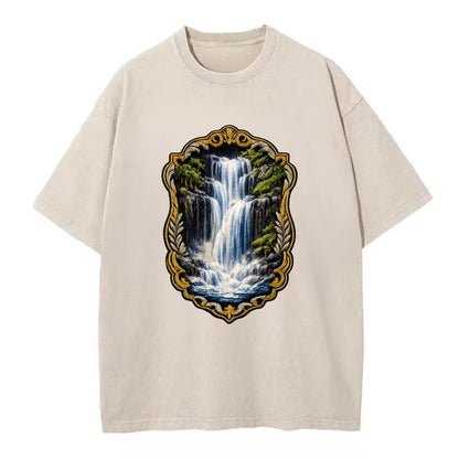 WATERFALL CASCADE - falling water with mist in blue and white , nature wonder - Vintage T-shirt - Off White