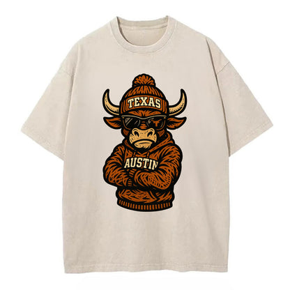 Austin Bevo wearing Texas beanie with longhorn patch - Vintage T-shirt - Off White