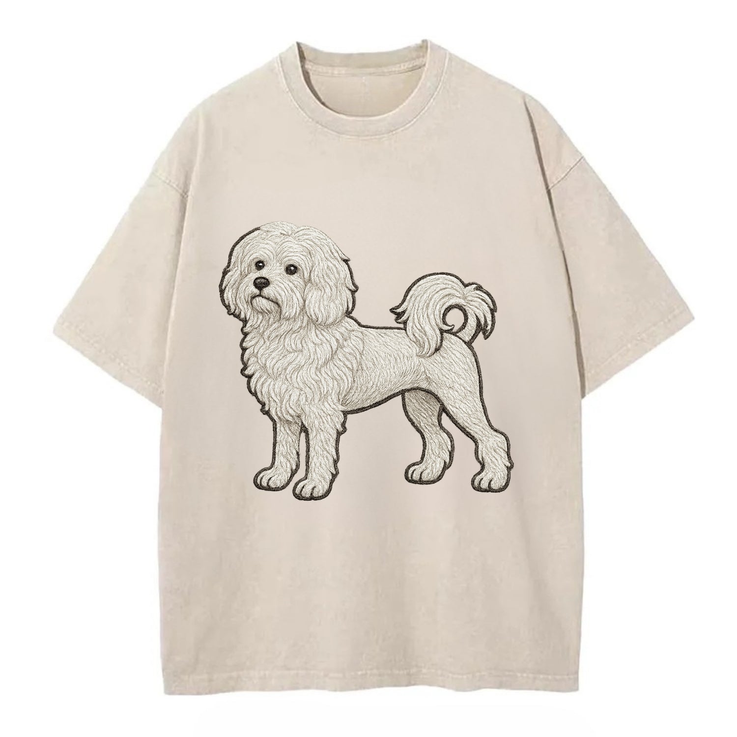 Löwchen - Little Lion Dog white embroidered pose - Vintage T-shirt - Off White