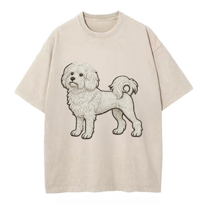 Löwchen - Little Lion Dog white embroidered pose - Vintage T-shirt - Off White