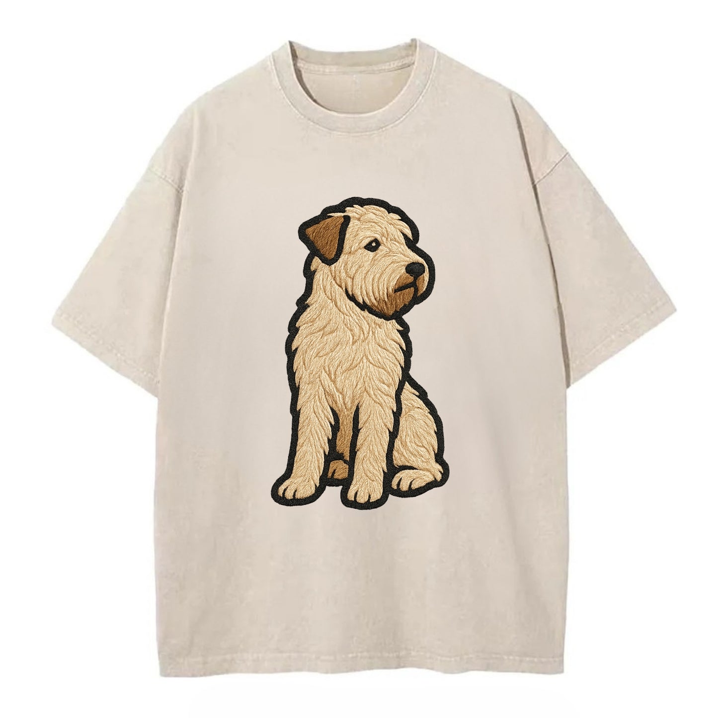 Soft Coated Wheaten Terrier - Light tan flowing coat embroidered pose - Vintage T-shirt - Off White