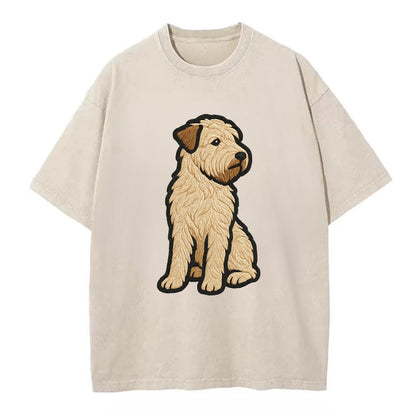 Soft Coated Wheaten Terrier - Light tan flowing coat embroidered pose - Vintage T-shirt - Off White