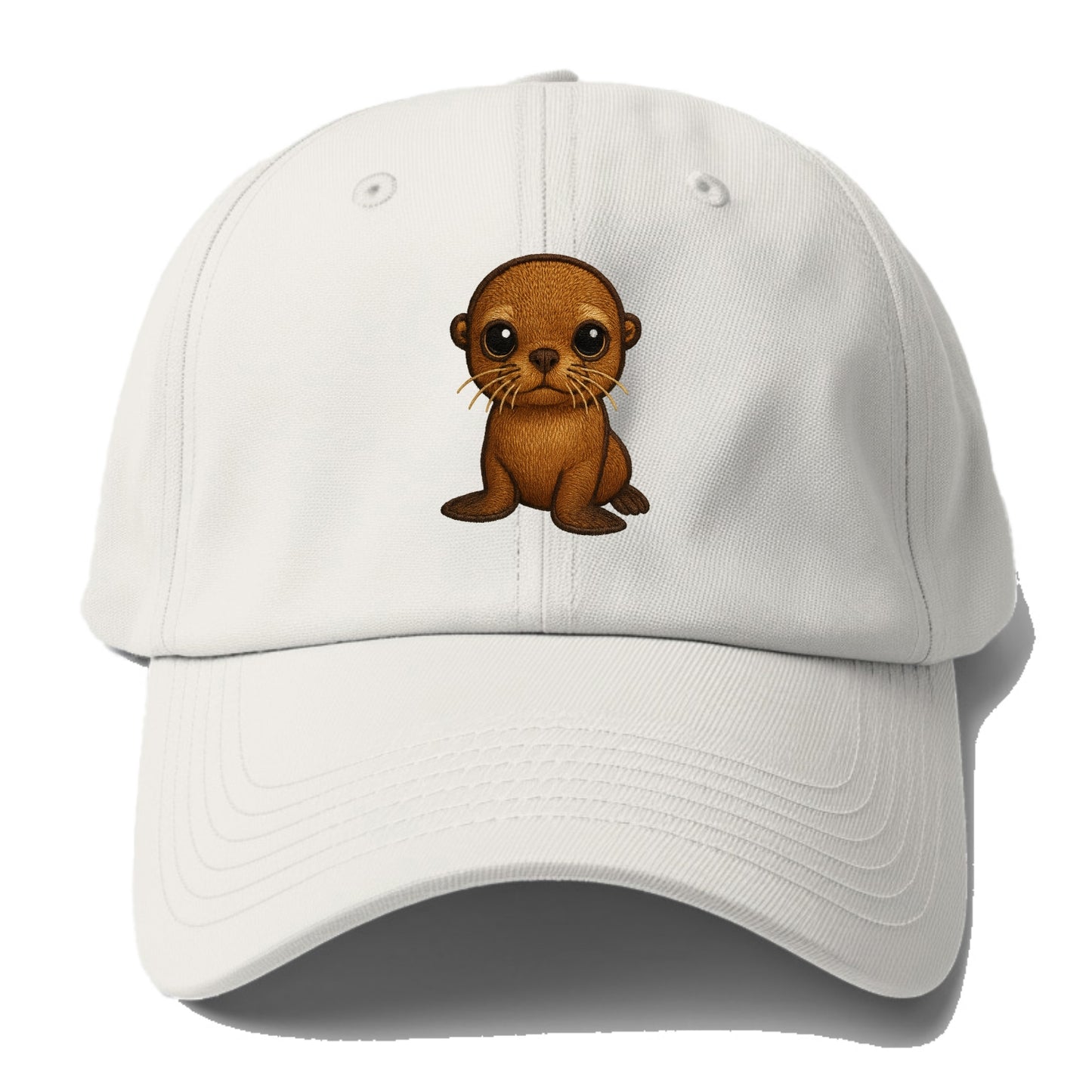 Baby California Sea Lion - golden brown, large expressive eyes, whiskers, - Baseball Cap - Off White
