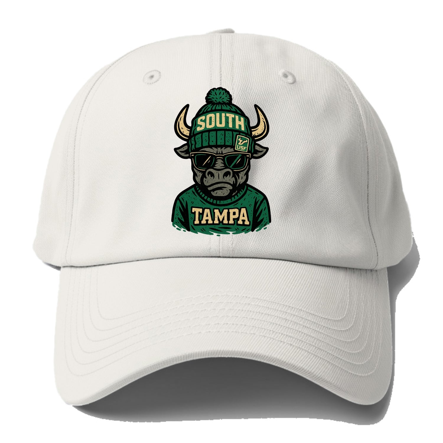 Tampa Bull wearing South Florida beanie with USF patch - Baseball Cap For Big Heads - Off White