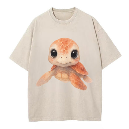 Baby Loggerhead Turtle - reddish-brown shell, big round dark eyes, chunky head, - Vintage T-shirt - Off White