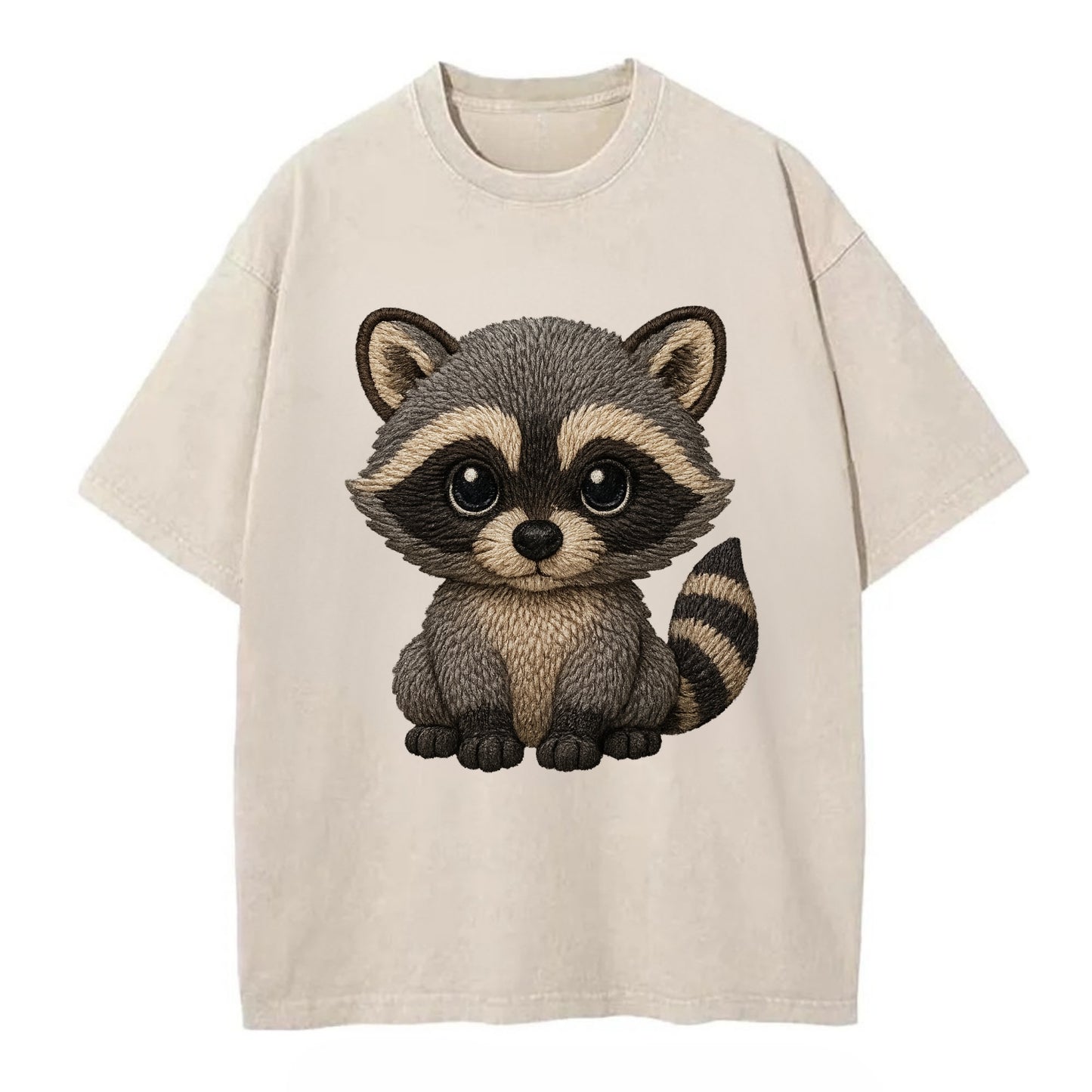 Baby Raccoon - gray fur, black mask, ringed tail, bright curious eyes, - Vintage T-shirt - Off White
