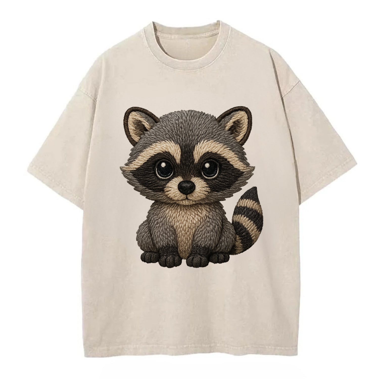 Baby Raccoon - gray fur, black mask, ringed tail, bright curious eyes, - Vintage T-shirt - Off White