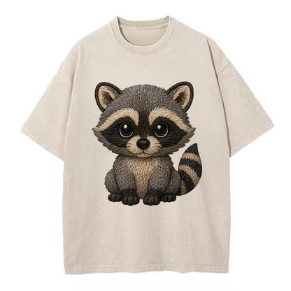 Baby Raccoon - gray fur, black mask, ringed tail, bright curious eyes, - Vintage T-shirt - Off White