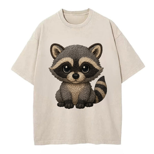 Baby Raccoon - gray fur, black mask, ringed tail, bright curious eyes, - Vintage T-shirt - Off White