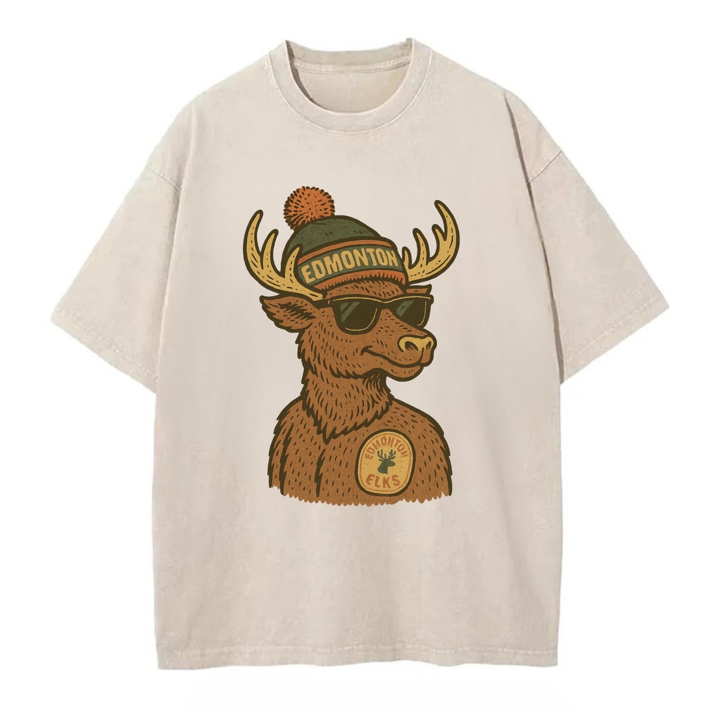 Edmonton Elk wearing Edmonton beanie with pom pom and wayfarer sunglasses - Vintage T-shirt - Off White