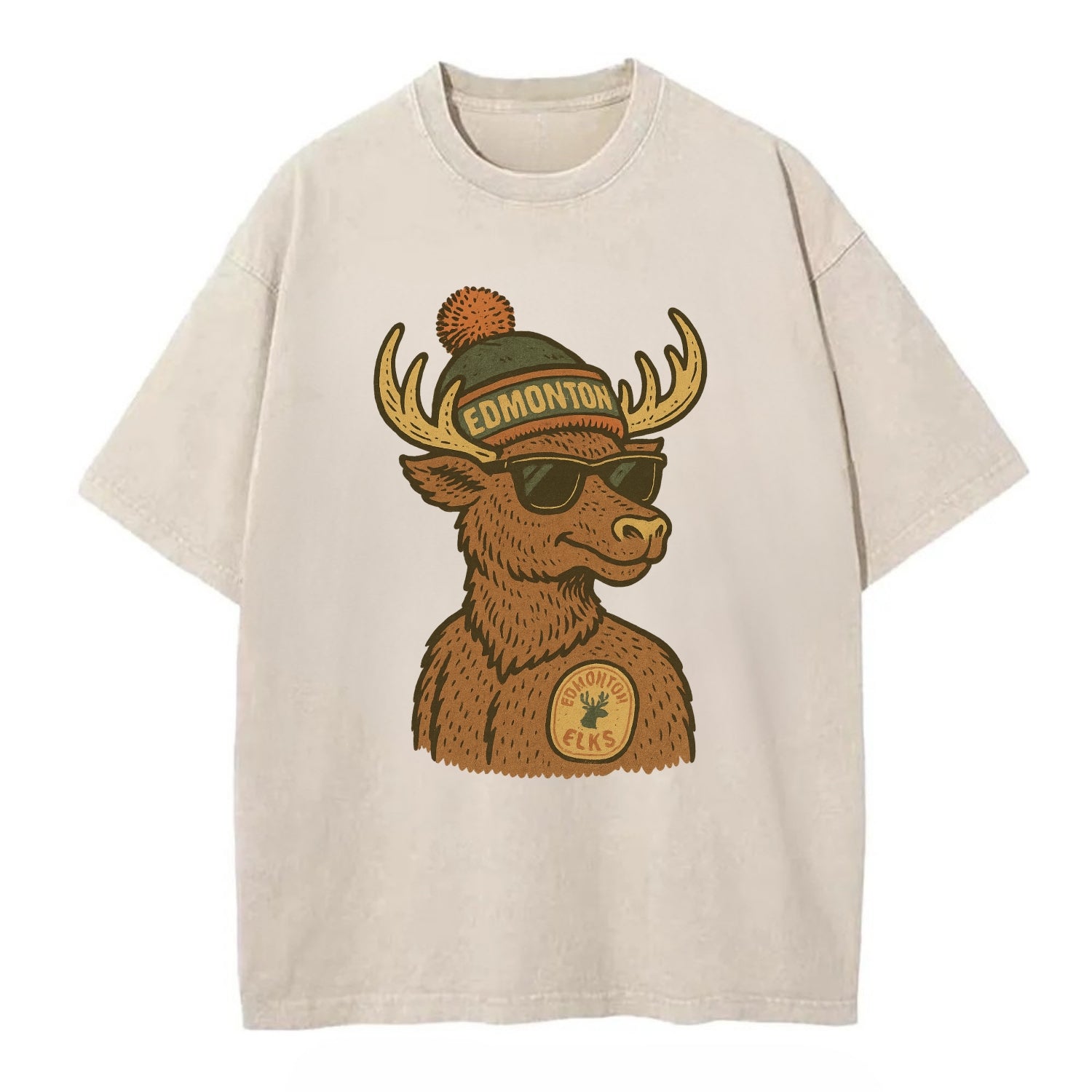 Edmonton Elk wearing Edmonton beanie with pom pom and wayfarer sunglasses - Vintage T-shirt - Off White