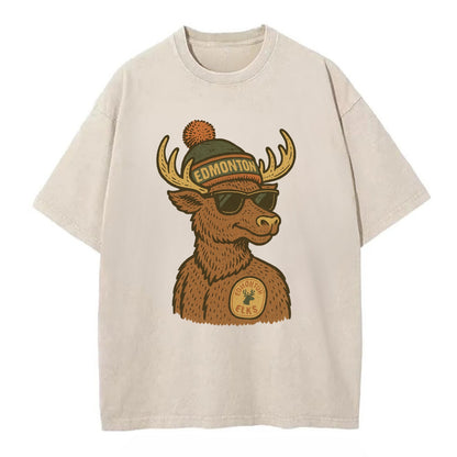 Edmonton Elk wearing Edmonton beanie with pom pom and wayfarer sunglasses - Vintage T-shirt - Off White