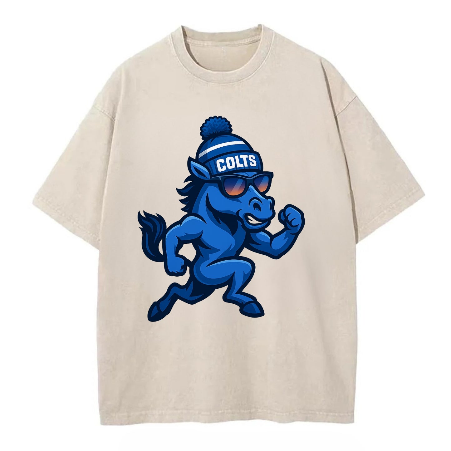 Indianapolis Colt Horse wearing Colts blue and white beanie with pom pom and - Vintage T-shirt - Off White