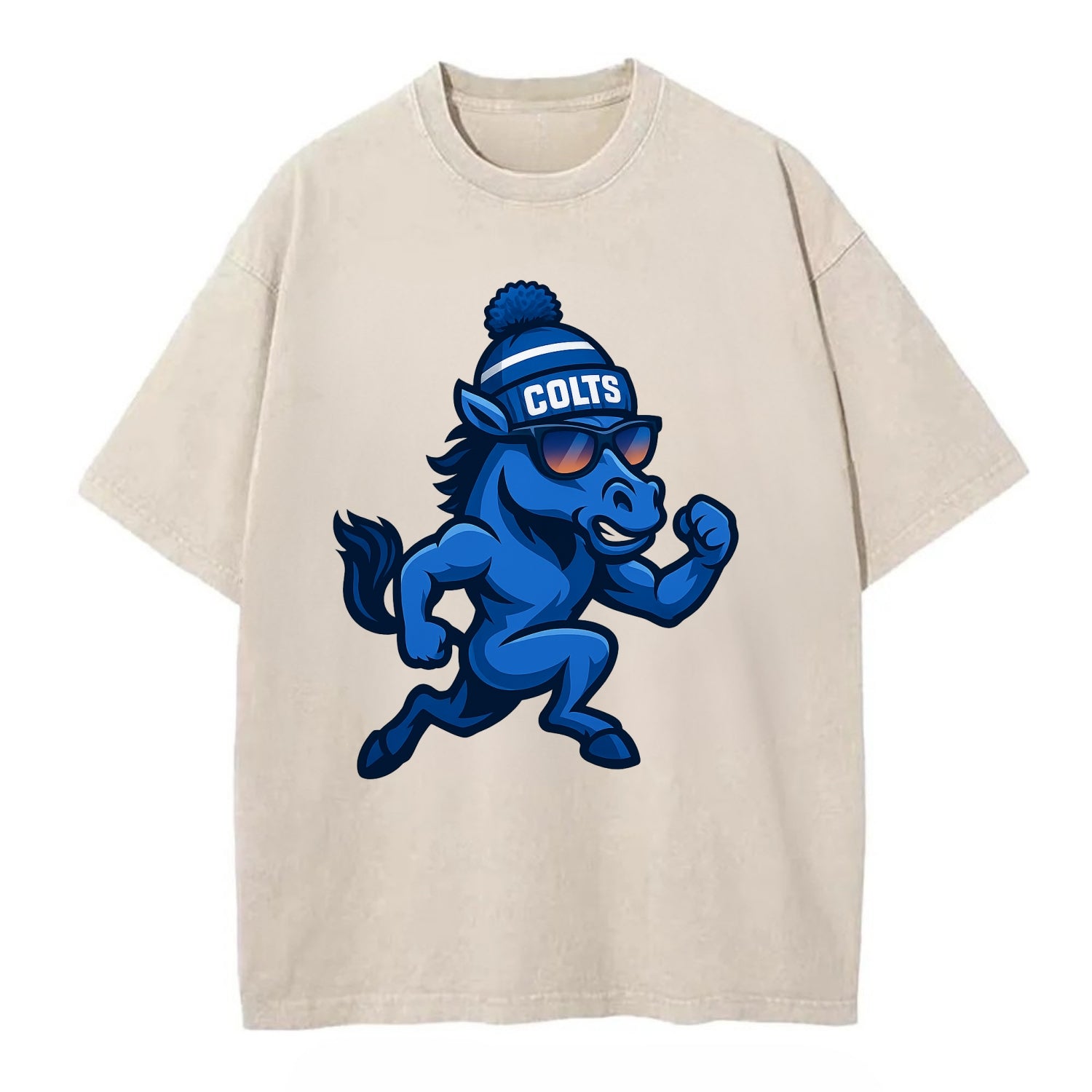 Indianapolis Colt Horse wearing Colts blue and white beanie with pom pom and - Vintage T-shirt - Off White