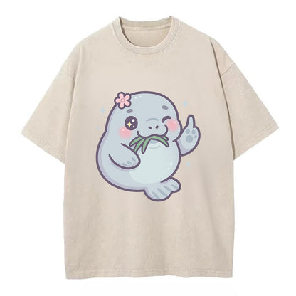 chubby manatee munching on seagrass, one flipper raised with sass - Vintage T-shirt - Off White