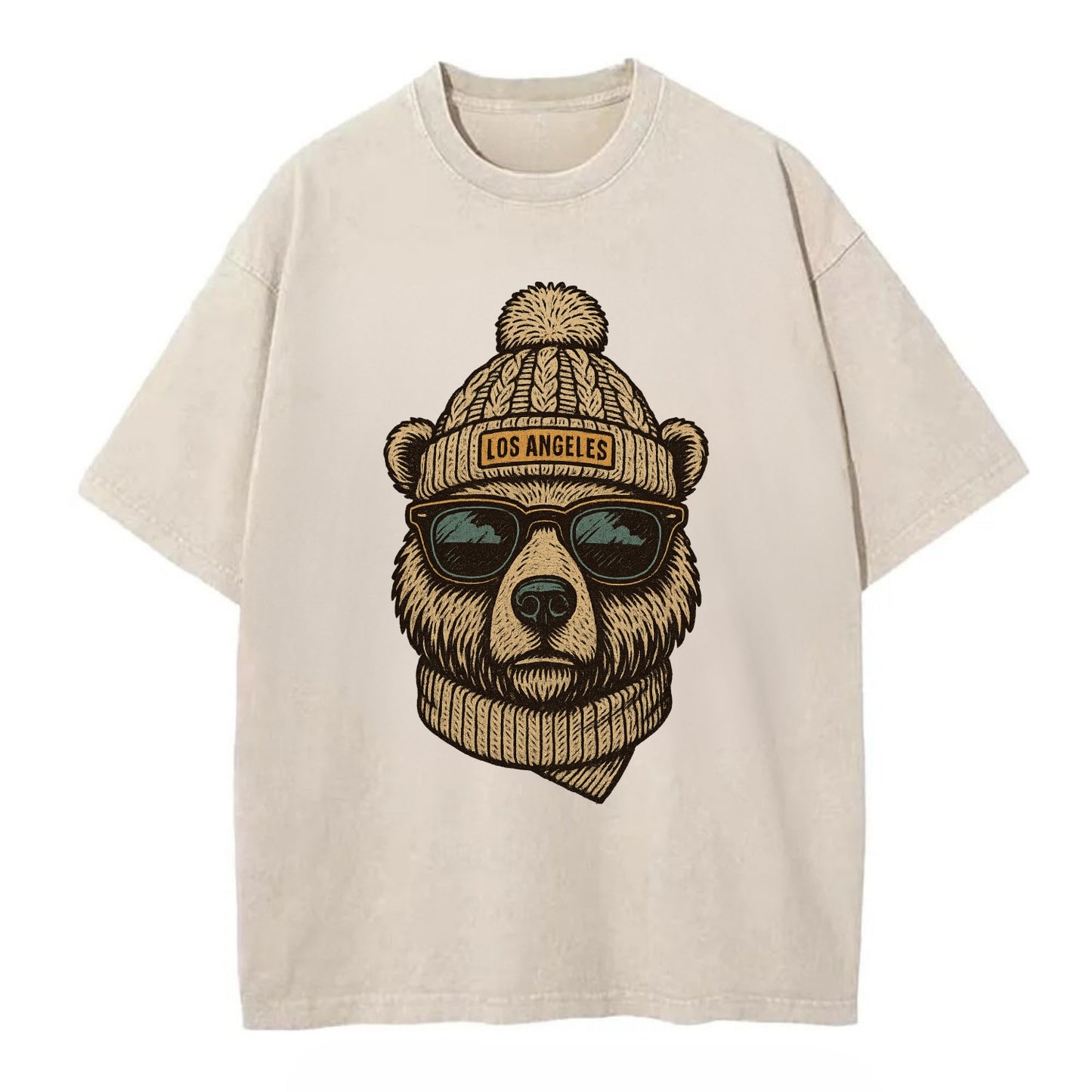 California Grizzly Bear wearing Los Angeles beanie with pom pom and wayfarer - Vintage T-shirt - Off White