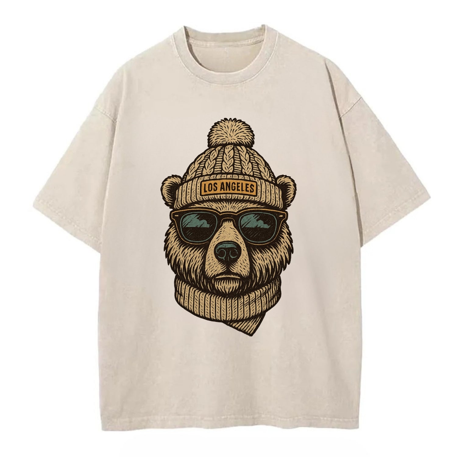 California Grizzly Bear wearing Los Angeles beanie with pom pom and wayfarer - Vintage T-shirt - Off White