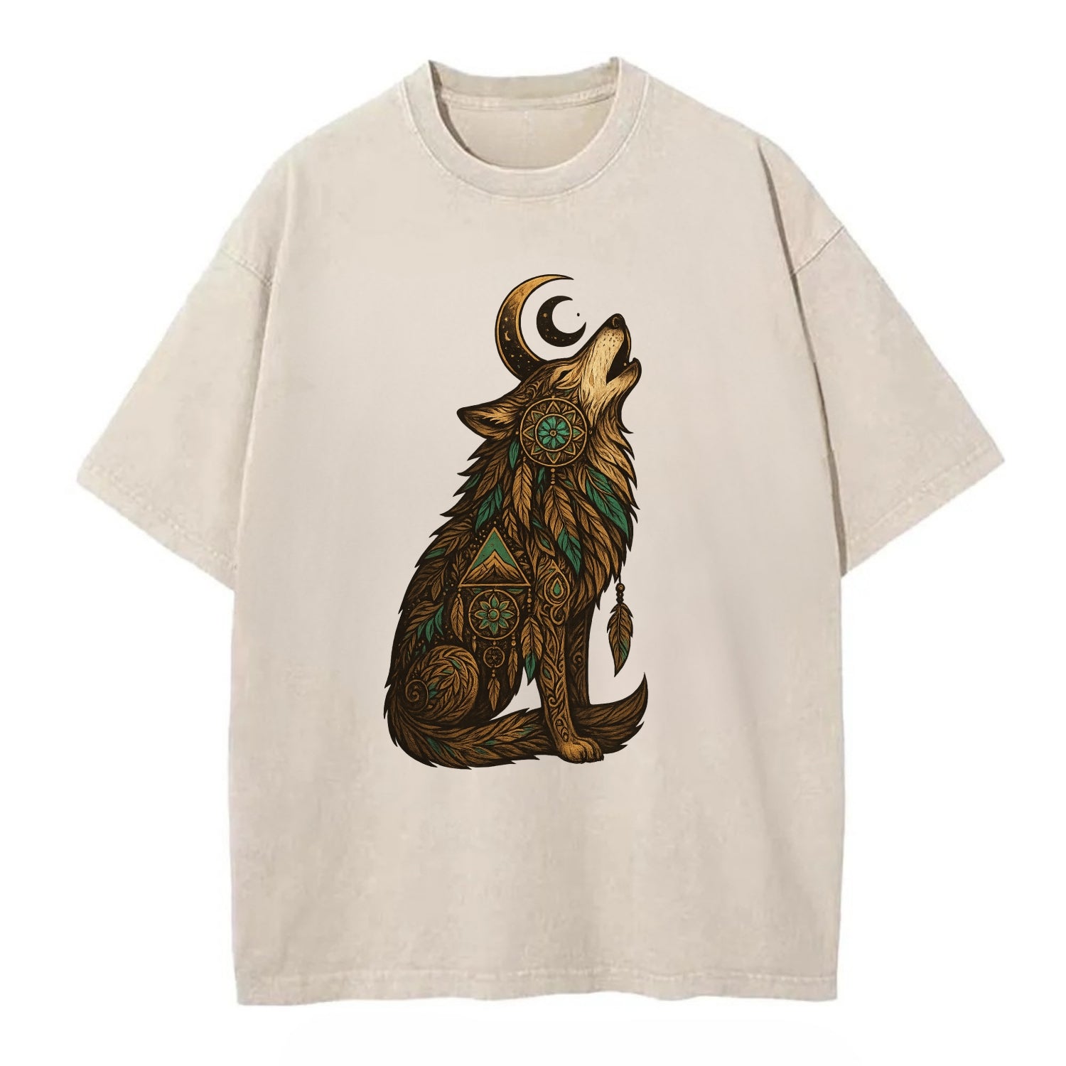 Celestial Moon Wolf  - Vintage T-shirt - Off White