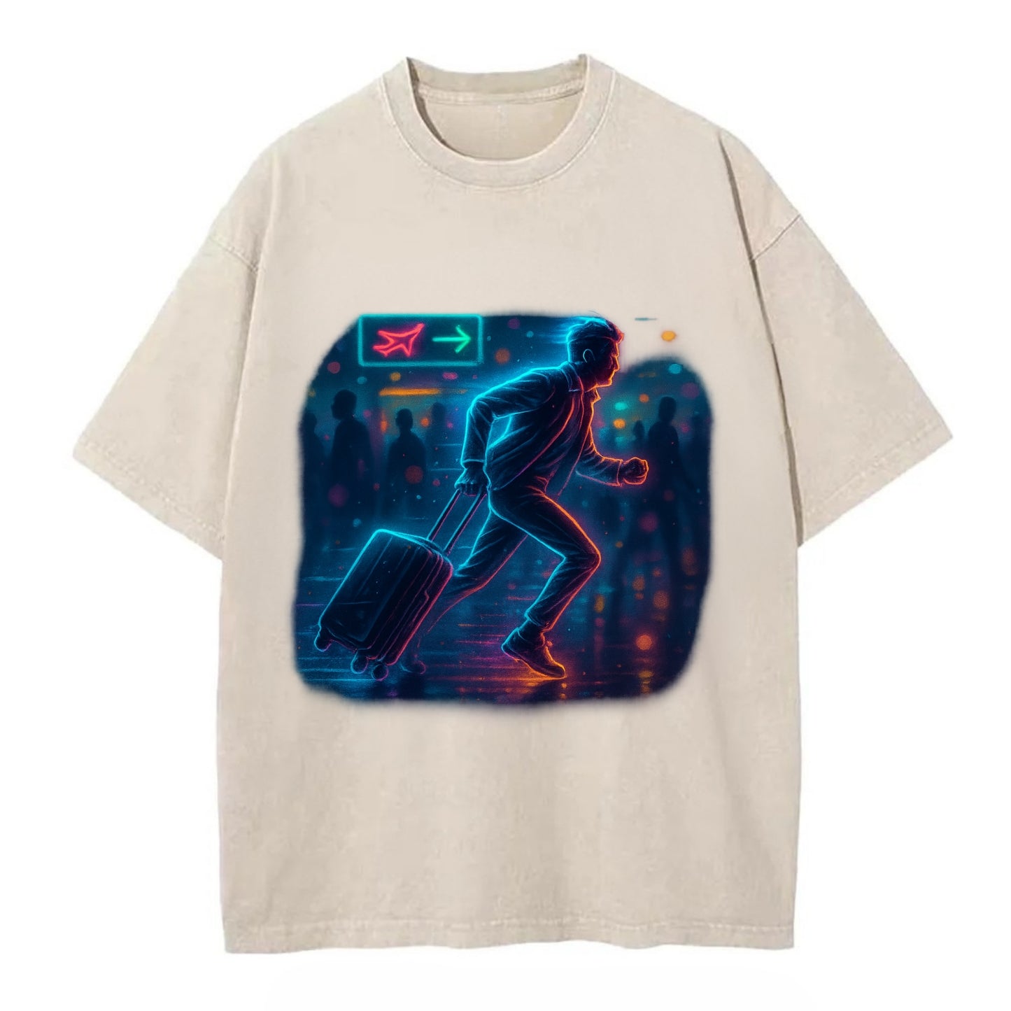 person running with luggage through crowded airport terminal - Vintage T-shirt - Off White