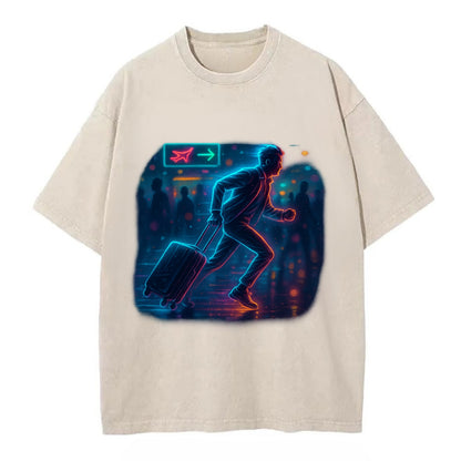 person running with luggage through crowded airport terminal - Vintage T-shirt - Off White