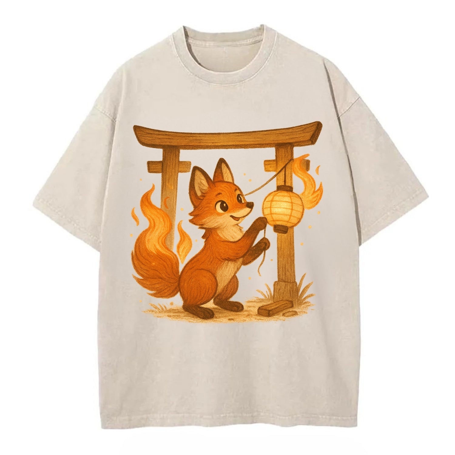 Foxfire kitsune stringing lanterns along a torii gate with tails of living flame - Vintage T-shirt - Off White