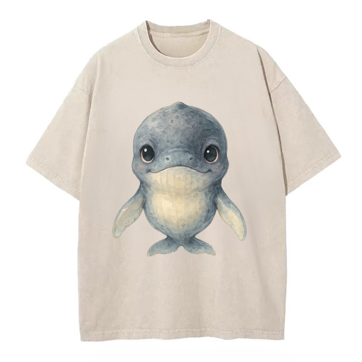 Baby Humpback Whale - dark gray with white flippers, large gentle eyes, - Vintage T-shirt - Off White