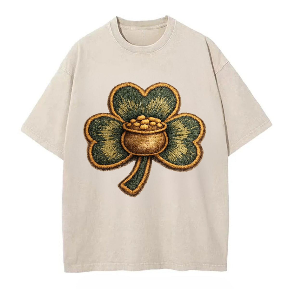 ST PATRICKS CLOVER - lucky clover with gold in green and gold , Irish luck - Vintage T-shirt - Off White