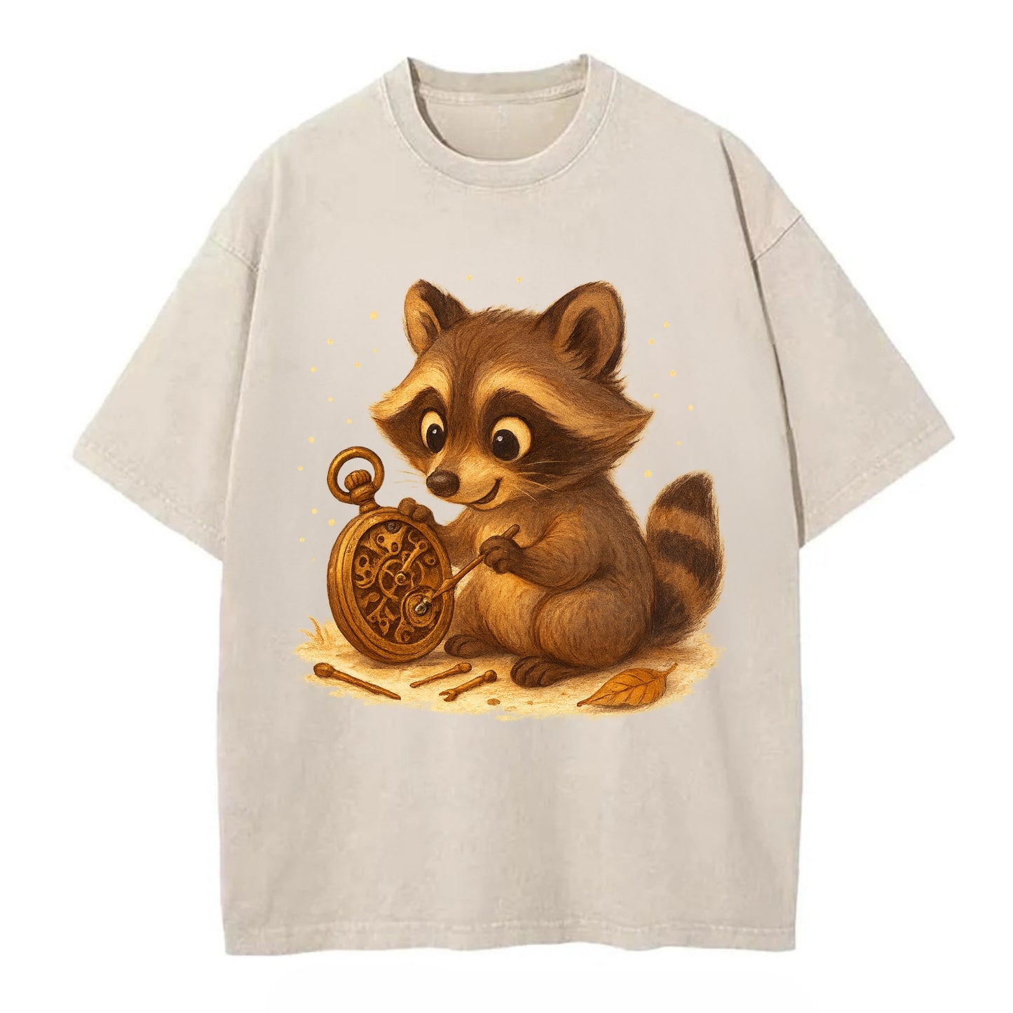 Raccoon tinkering with a steampunk pocket watch using tiny brass tools - Vintage T-shirt - Off White