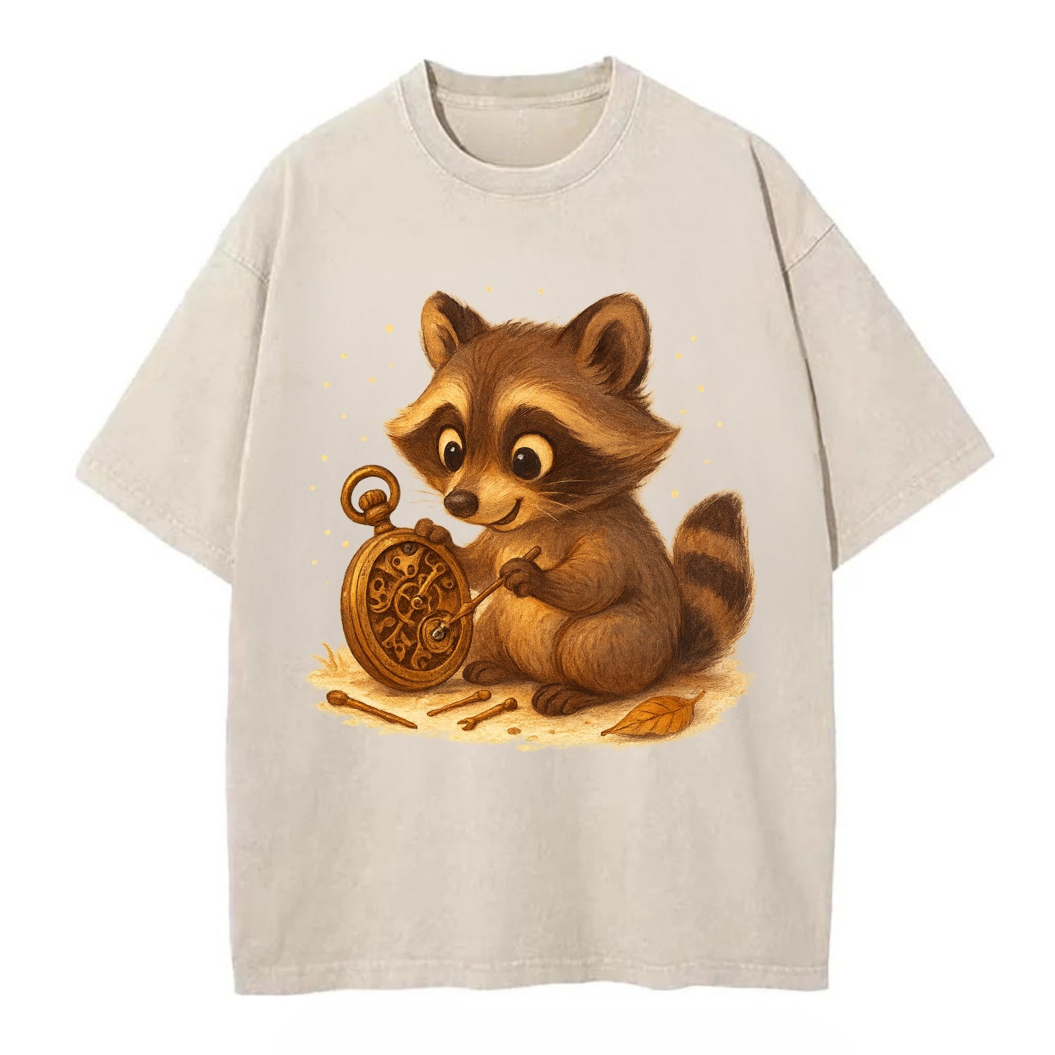 Raccoon tinkering with a steampunk pocket watch using tiny brass tools - Vintage T-shirt - Off White