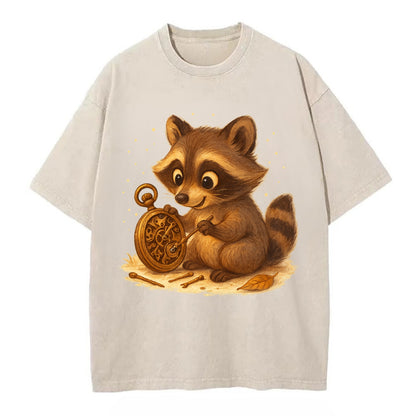 Raccoon tinkering with a steampunk pocket watch using tiny brass tools - Vintage T-shirt - Off White