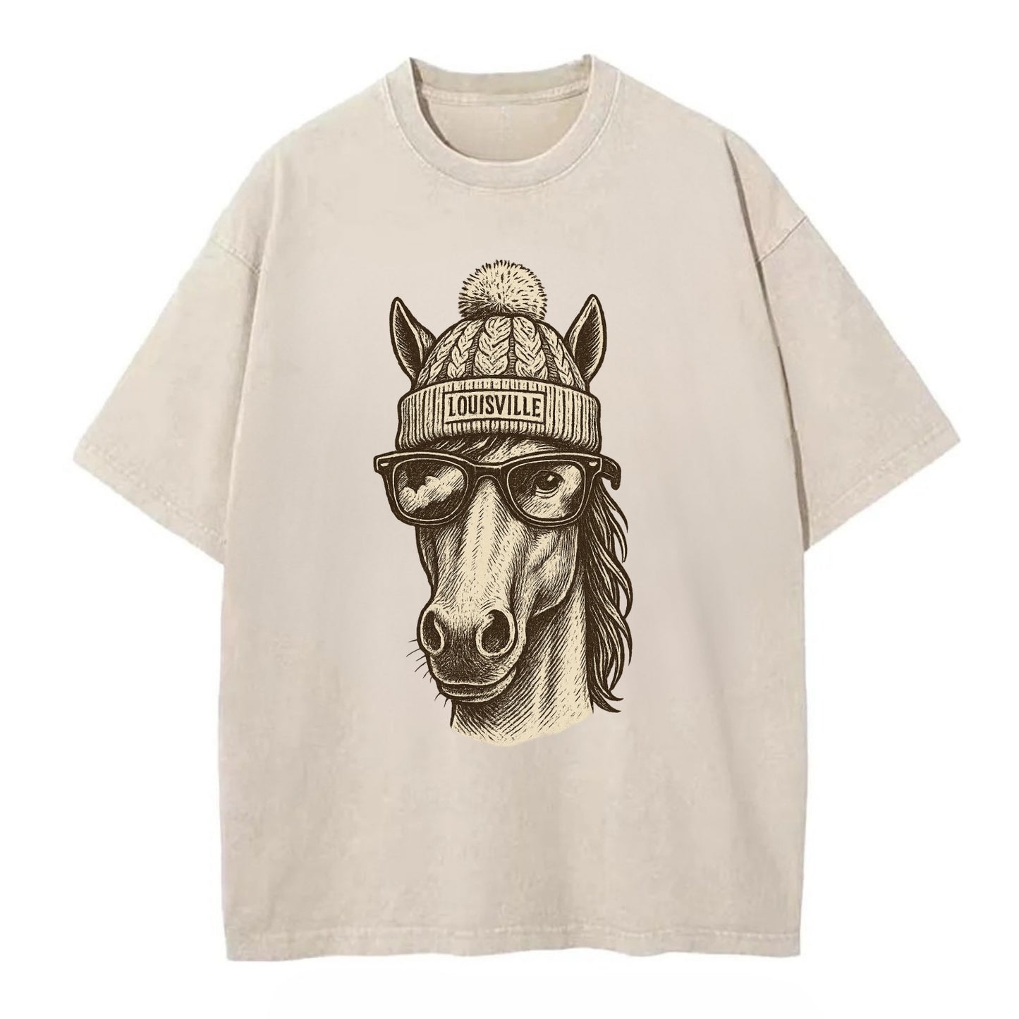 Kentucky Thoroughbred Horse wearing Louisville beanie with pom pom and wayfarer - Vintage T-shirt - Off White