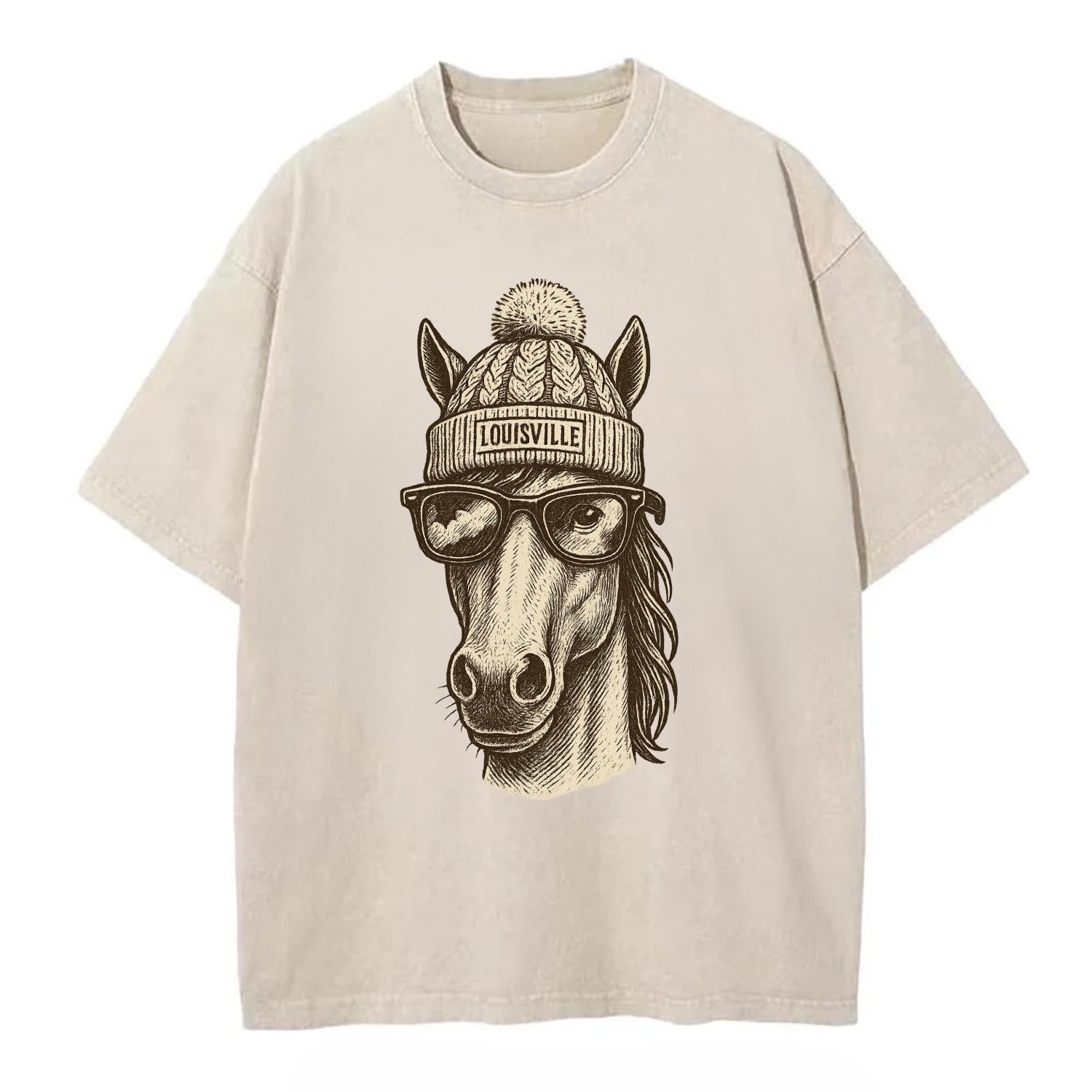 Kentucky Thoroughbred Horse wearing Louisville beanie with pom pom and wayfarer - Vintage T-shirt - Off White