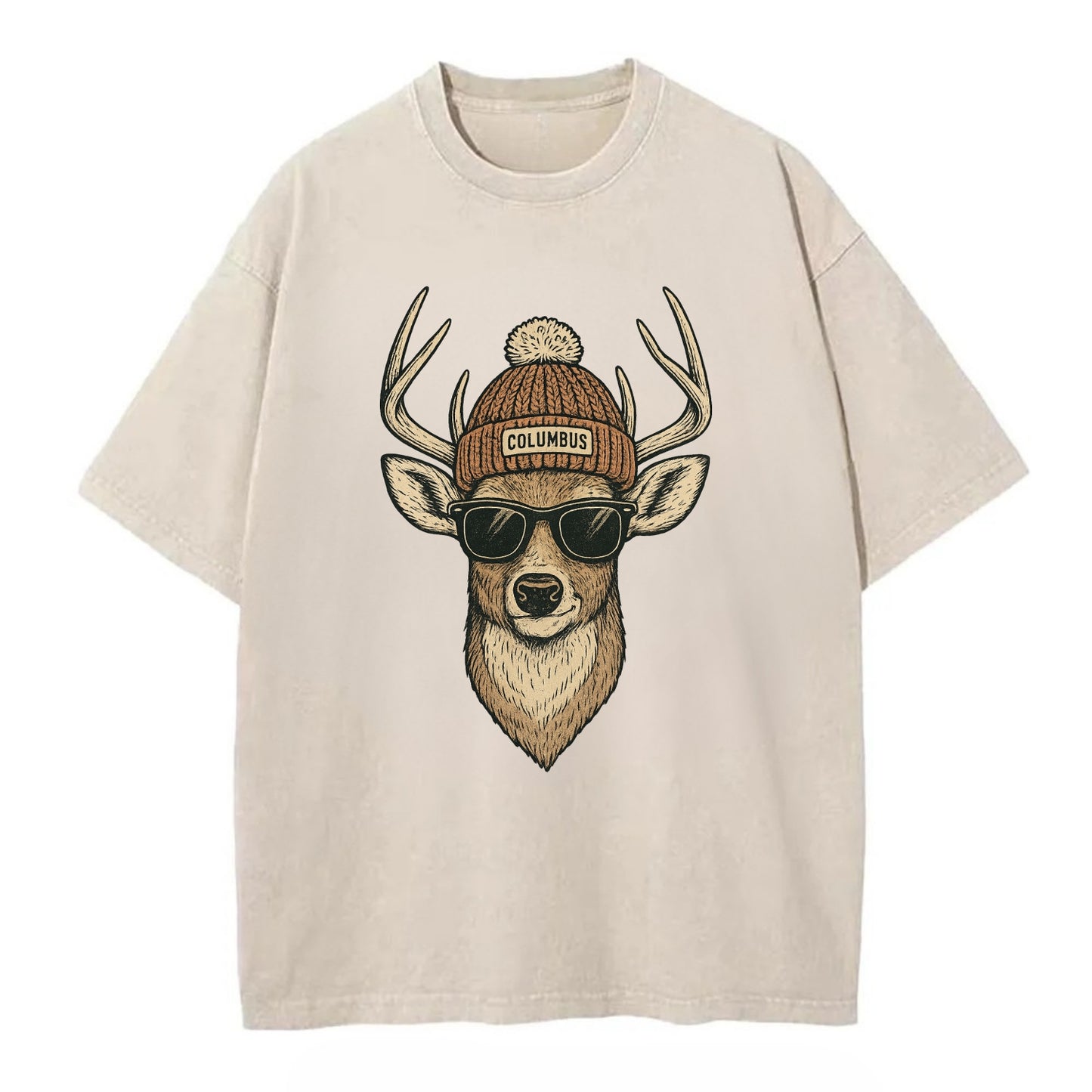 Ohio White-tailed Deer wearing Columbus beanie with pom pom and wayfarer - Vintage T-shirt - Off White