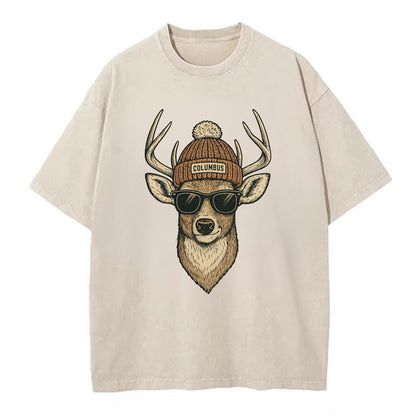 Ohio White-tailed Deer wearing Columbus beanie with pom pom and wayfarer - Vintage T-shirt - Off White